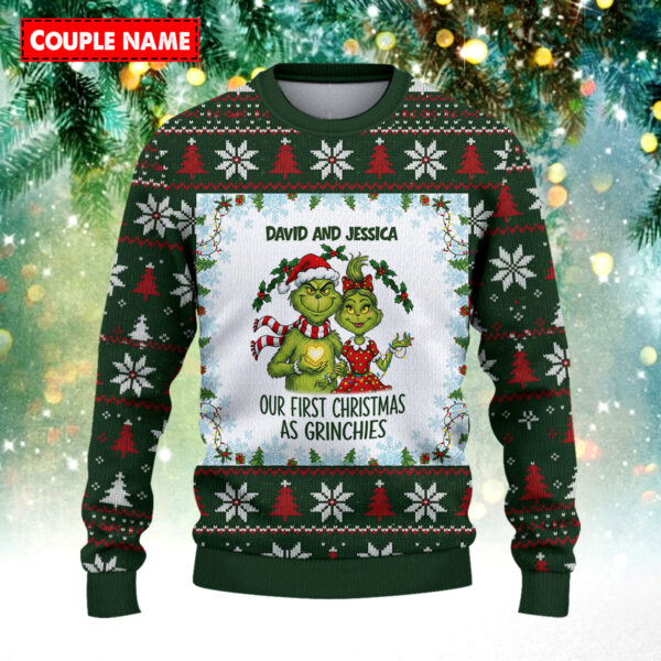 Personalized Our First Christmas As Grinchies Christmas Knitted Sweater - Image 2