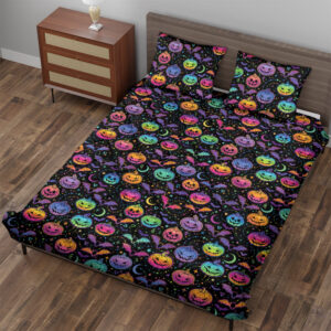 Pumpkins And Bats Neon Halloween Quilt Bedding Set