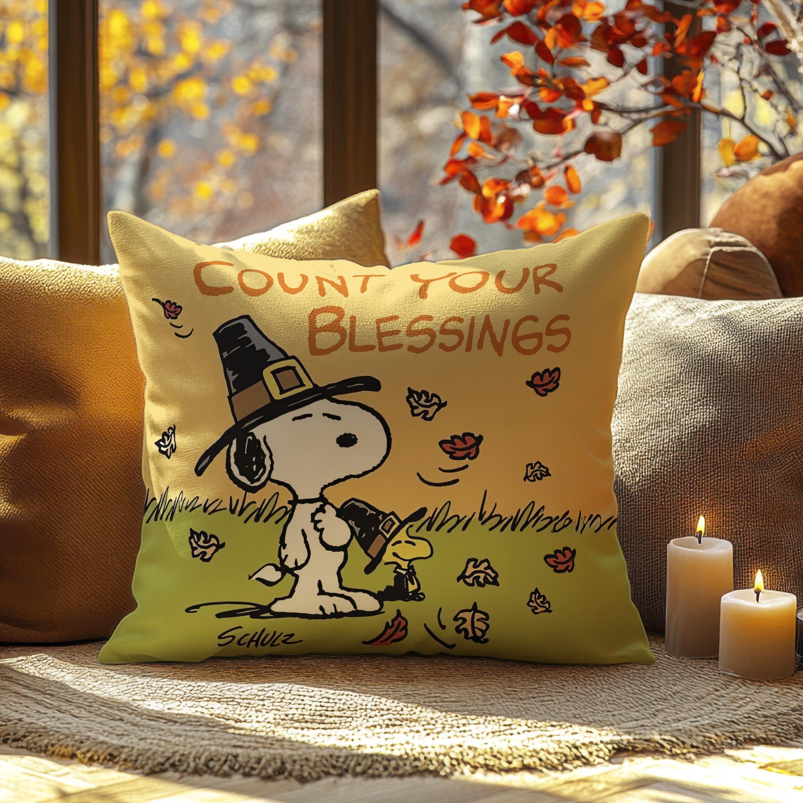 Snoopy and Woodstock Thanksgiving Pillow - Image 3