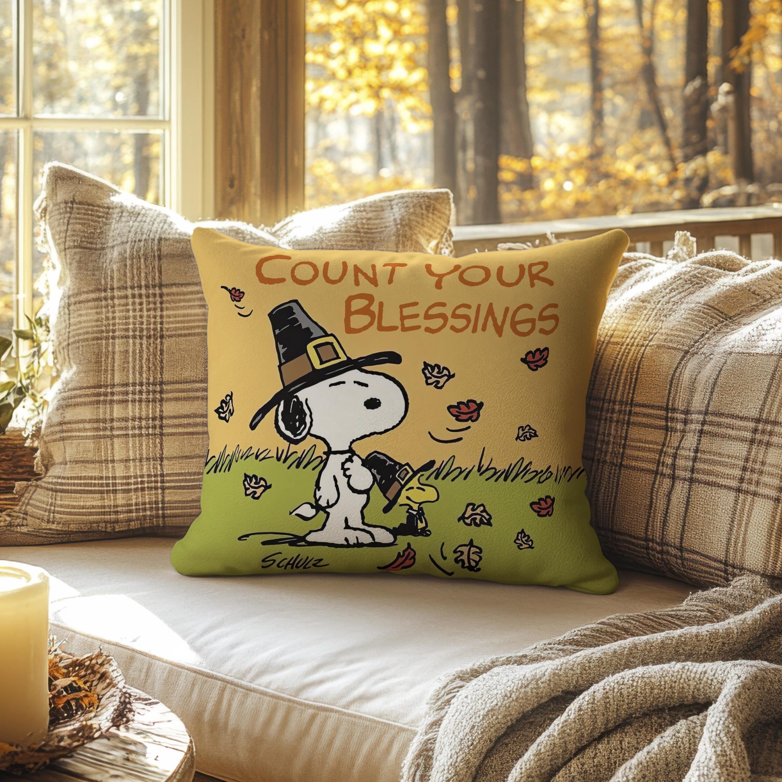 Snoopy and Woodstock Thanksgiving Pillow - Image 2