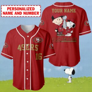 Personalized Name And Number Charlie Brown And Snoopy San Francisco 49ers - NFL Super Bowl Champions Baseball Jersey