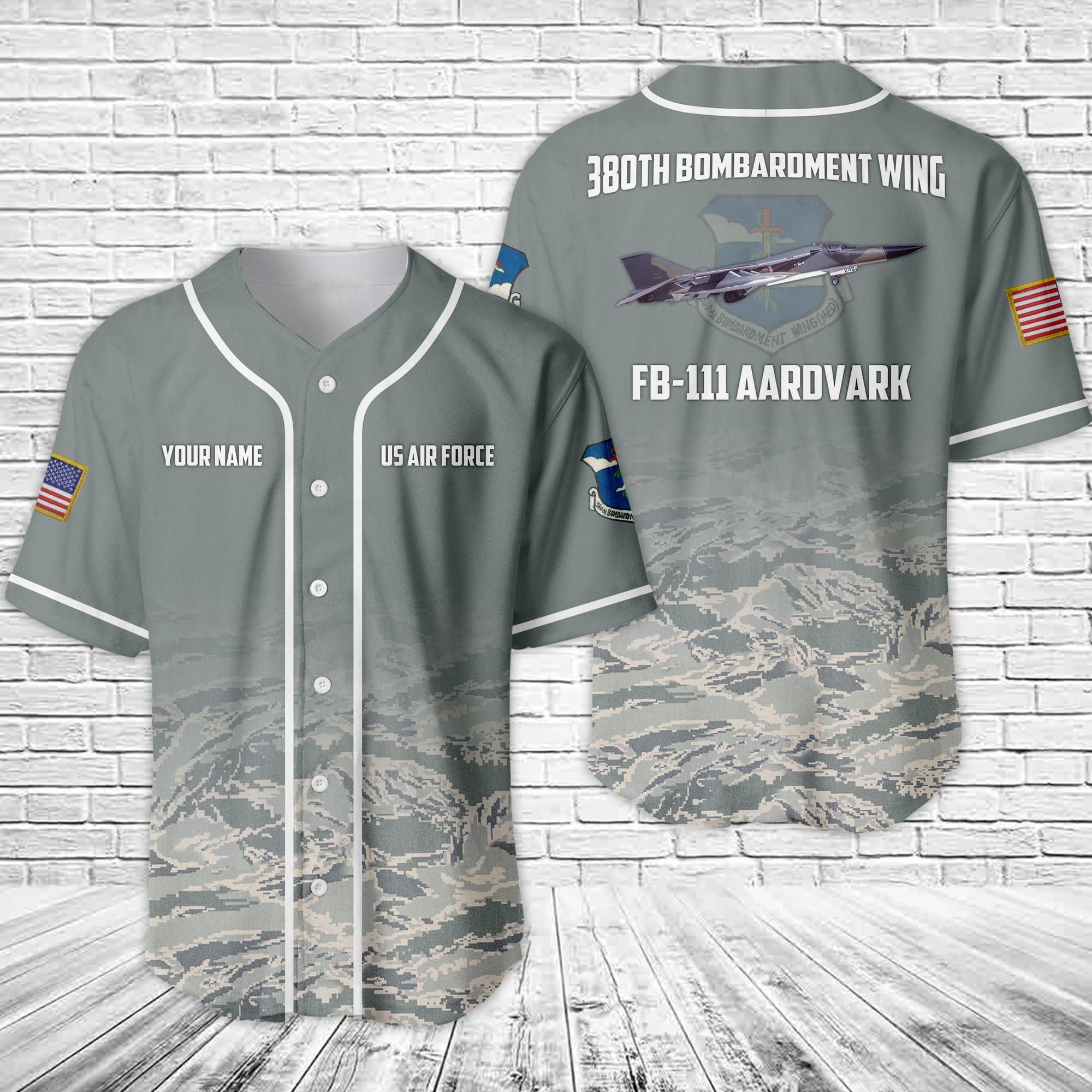 Personalized US Air Force 380th Bombardment Wing, Strategic Air Command (SAC) FB-111 Aircraft Baseball Jersey