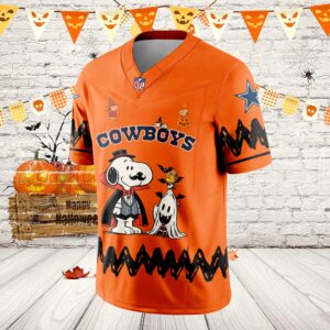 Alternative view of Personalized Dallas Cowboys Snoopy 75th Anniversary Peanuts 2025 Halloween Football Jersey