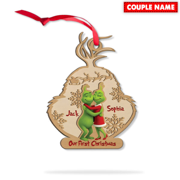 Personalized Grinch Engaged Couple Christmas Wood Ornament - Image 5