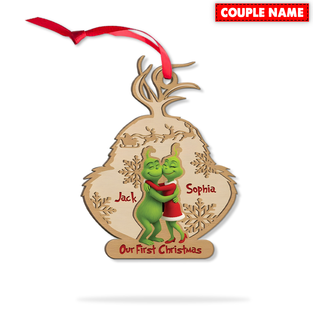 Personalized Grinch Engaged Couple Christmas Wood Ornament - Image 5