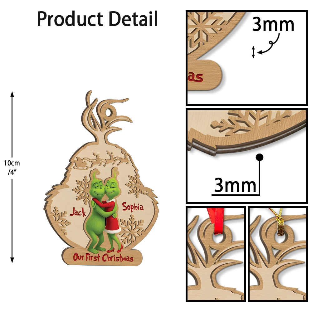 Personalized Grinch Engaged Couple Christmas Wood Ornament - Image 4