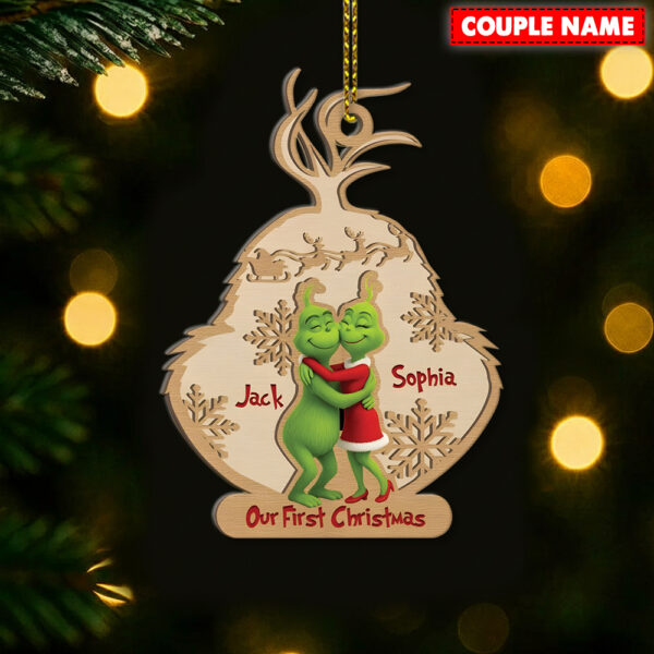 Personalized Grinch Engaged Couple Christmas Wood Ornament - Image 2