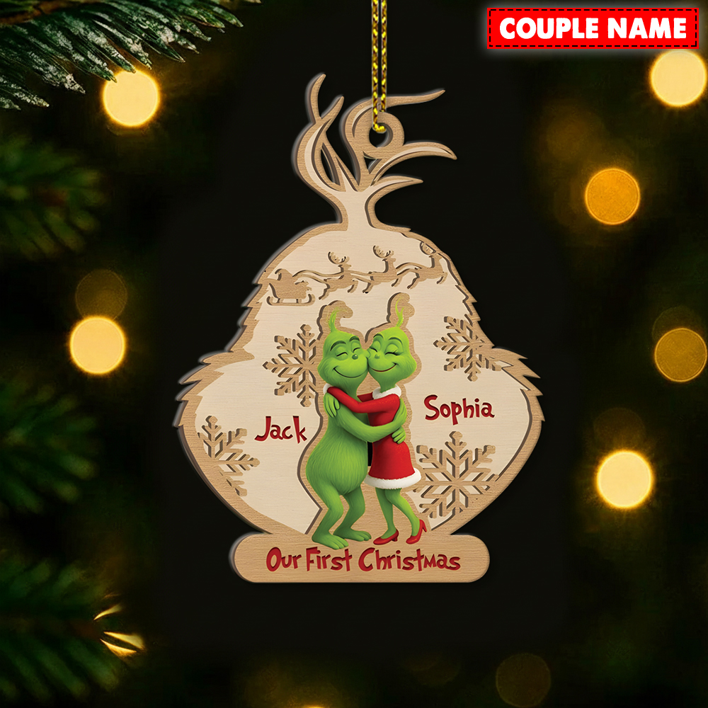Personalized Grinch Engaged Couple Christmas Wood Ornament - Image 2