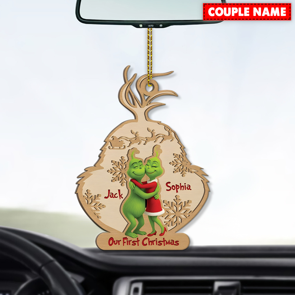 Personalized Grinch Engaged Couple Christmas Wood Ornament - Image 3