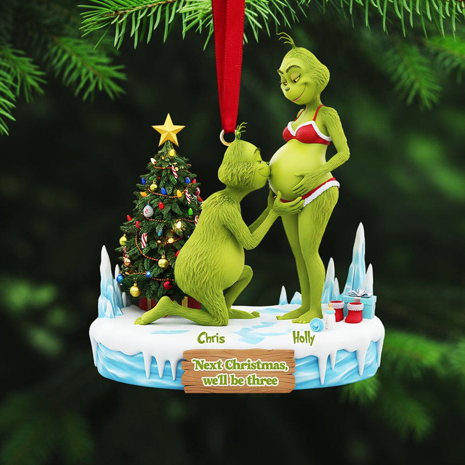 Personalized Grinch Couple Pregnant Christmas Ornament - Image 2