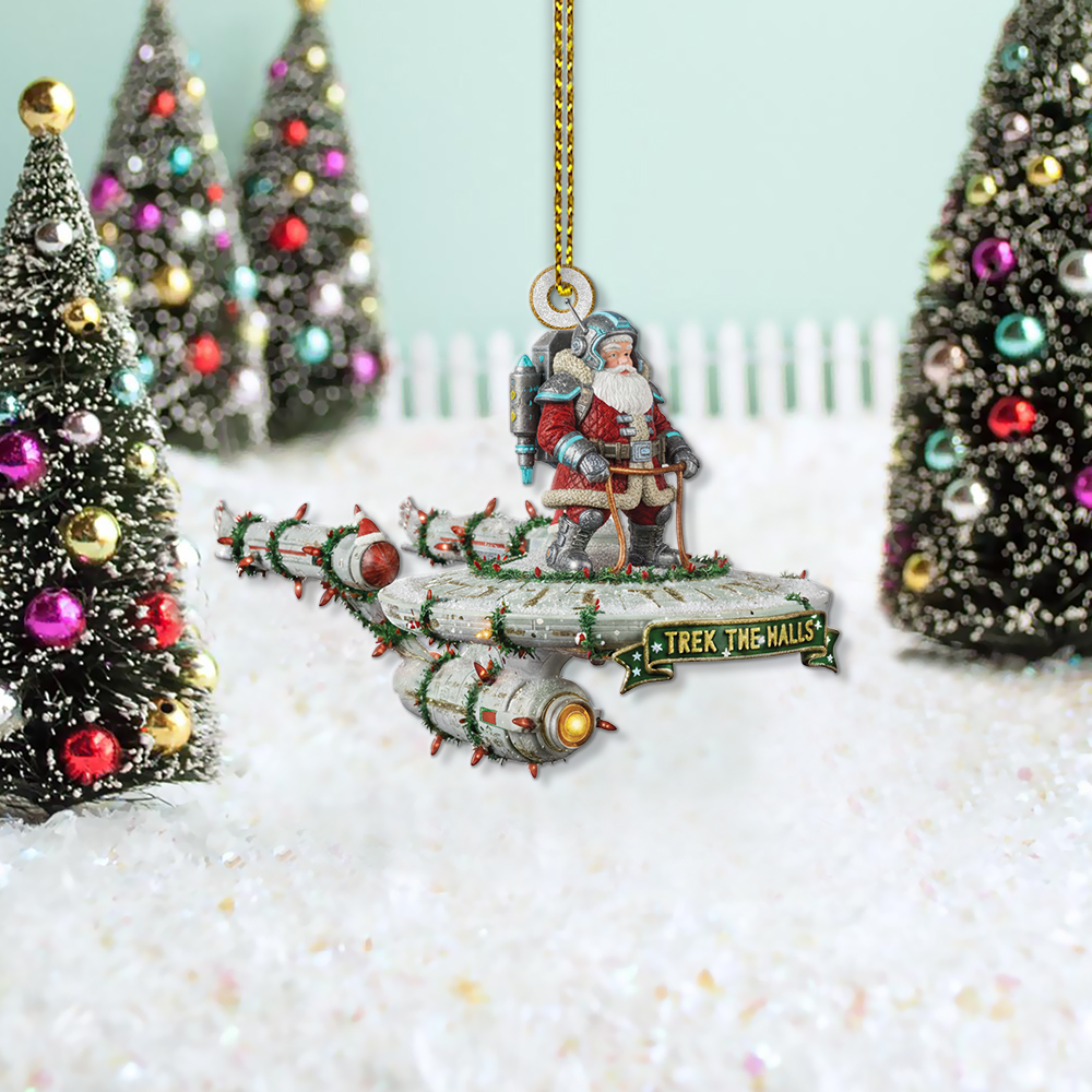 Star Trek NCC-1701 Trek The Halls With Christmas Lights And Santa Christmas Ornament - Image 3