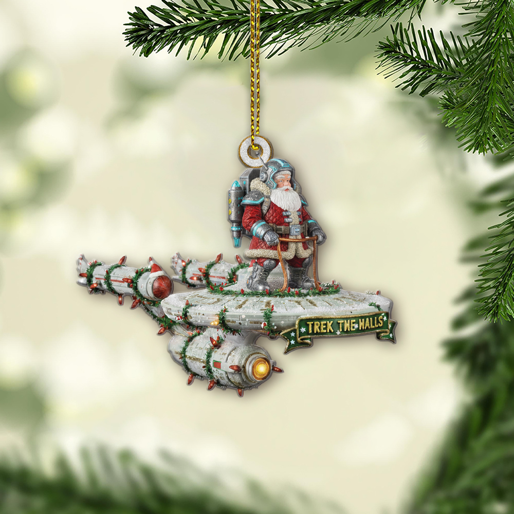 Star Trek NCC-1701 Trek The Halls With Christmas Lights And Santa Christmas Ornament - Image 2