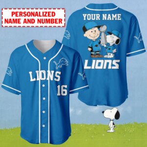 Personalized Name And Number Charlie Brown And Snoopy Detroit Lions - NFL Super Bowl Champions Baseball Jersey