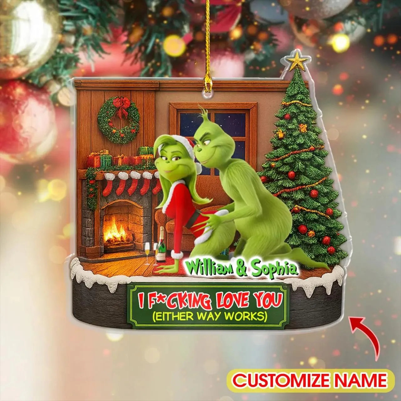 Personalized Green Monster Couple Either Way Works Christmas Ornament - Image 3