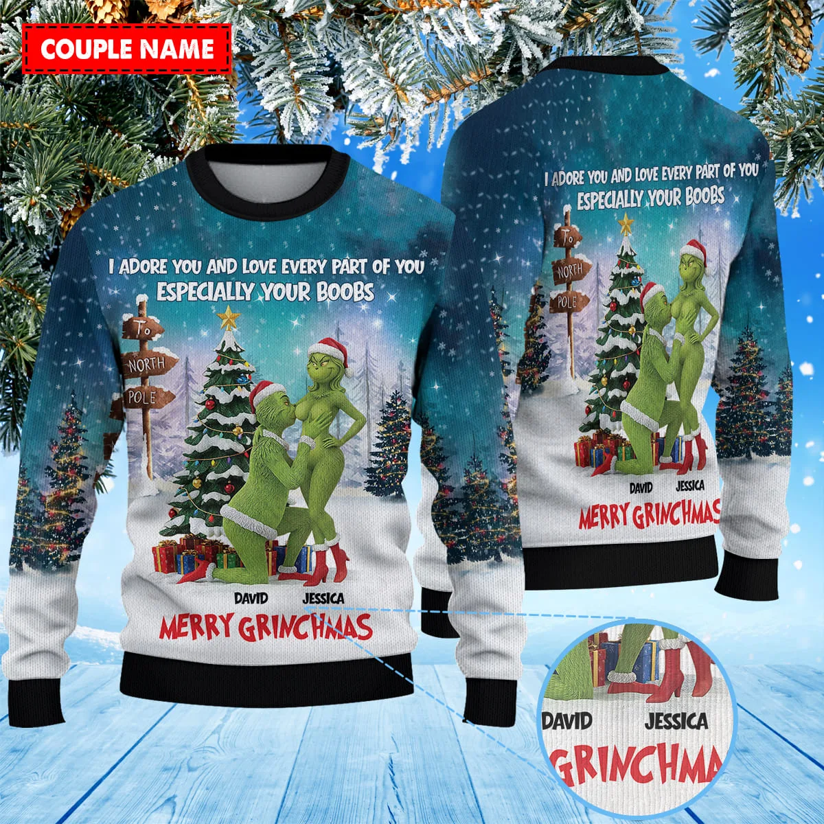 Personalized Grinch Couple Christmas Knitted Sweater