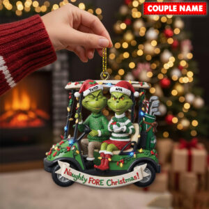 Alternative view of Personalized Golf Grinch Couple Naughty Christmas Ornament