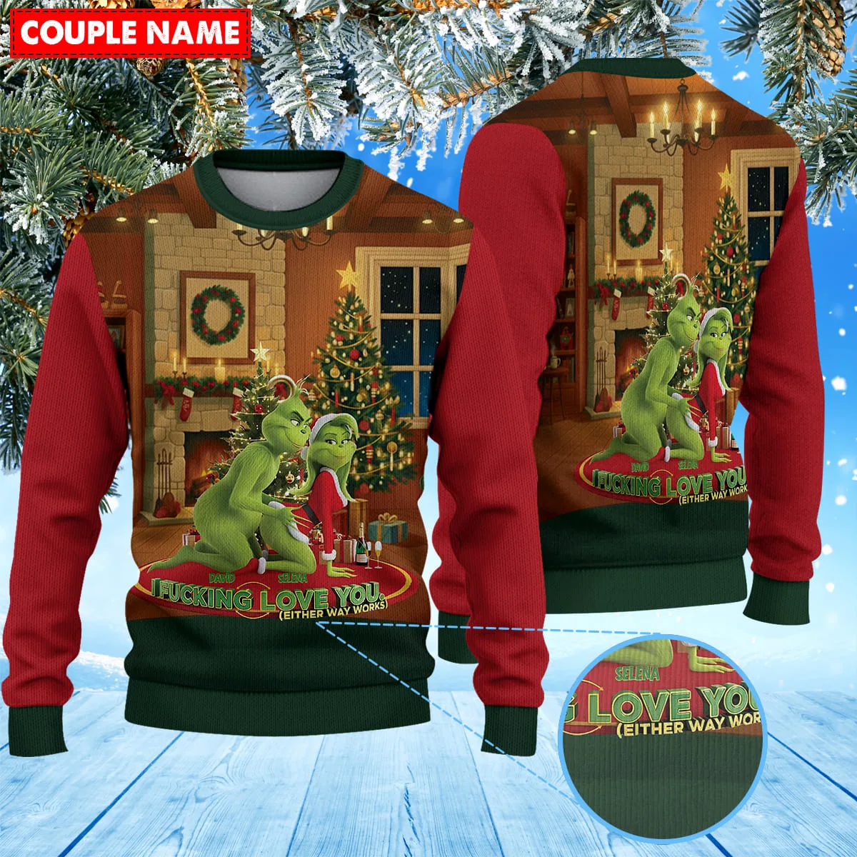 Personalized Merry Grinchmas Mr Mrs Grinch Couple Christmas Knitted Sweater