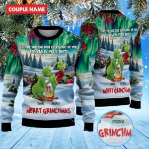 Personalized Naughty Grinchmas Green Monster Grinch Couple Christmas Knitted Sweater