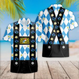 Bavaria Traditional Lederhosen Costume Blue Plaid Pattern with Edelweiss Flowers Hawaiian Shirt