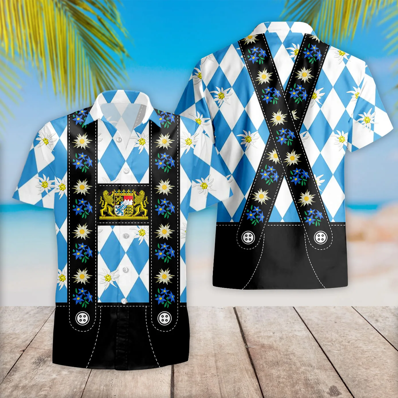 Bavaria Traditional Lederhosen Costume Blue Plaid Pattern with Edelweiss Flowers Hawaiian Shirt