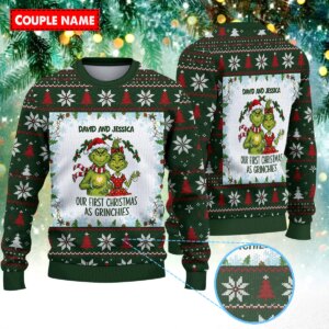 Personalized Our First Christmas As Grinchies Christmas Knitted Sweater