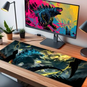 Alternative view of Godzilla in fight blue LED Desk Mat