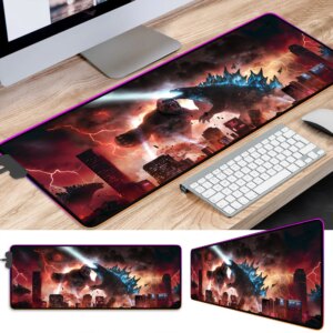 Alternative view of Godzilla in fight red LED Desk Mat