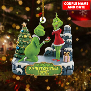 Personalized Green Monster Couple Our First Christmas Engaged Christmas Ornament
