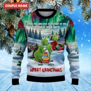 Alternative view of Personalized Naughty Grinchmas Green Monster Grinch Couple Christmas Knitted Sweater