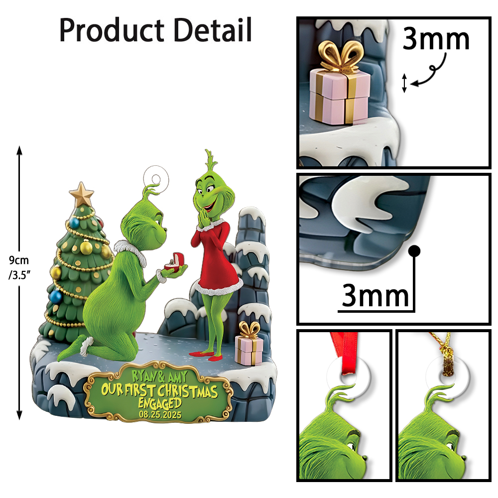 Personalized Green Monster Couple Our First Christmas Engaged Christmas Ornament - Image 6