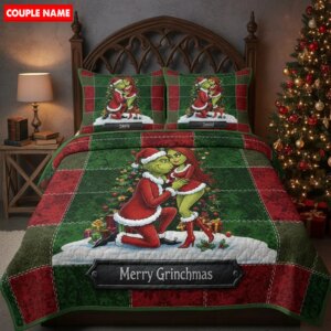 Personalized Merry Grinchmas Couple Bedding Set