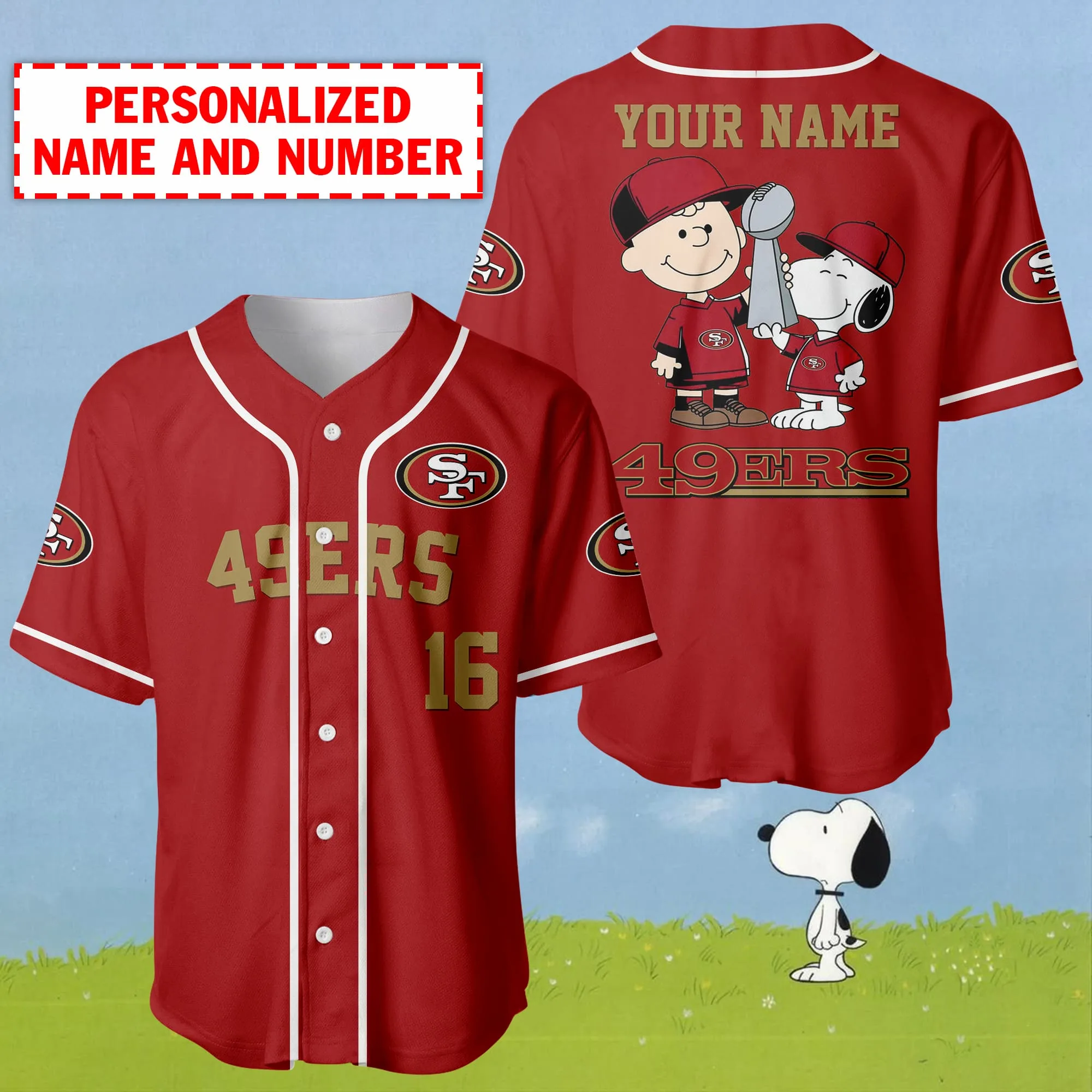Personalized Name And Number Charlie Brown And Snoopy San Francisco 49ers - NFL Super Bowl Champions Baseball Jersey