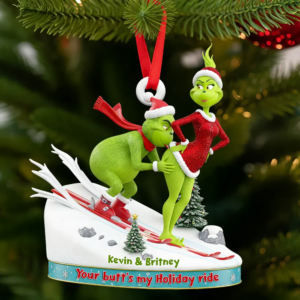 Alternative view of Personalized Skiing Couple Grinchmas Christmas Ornament
