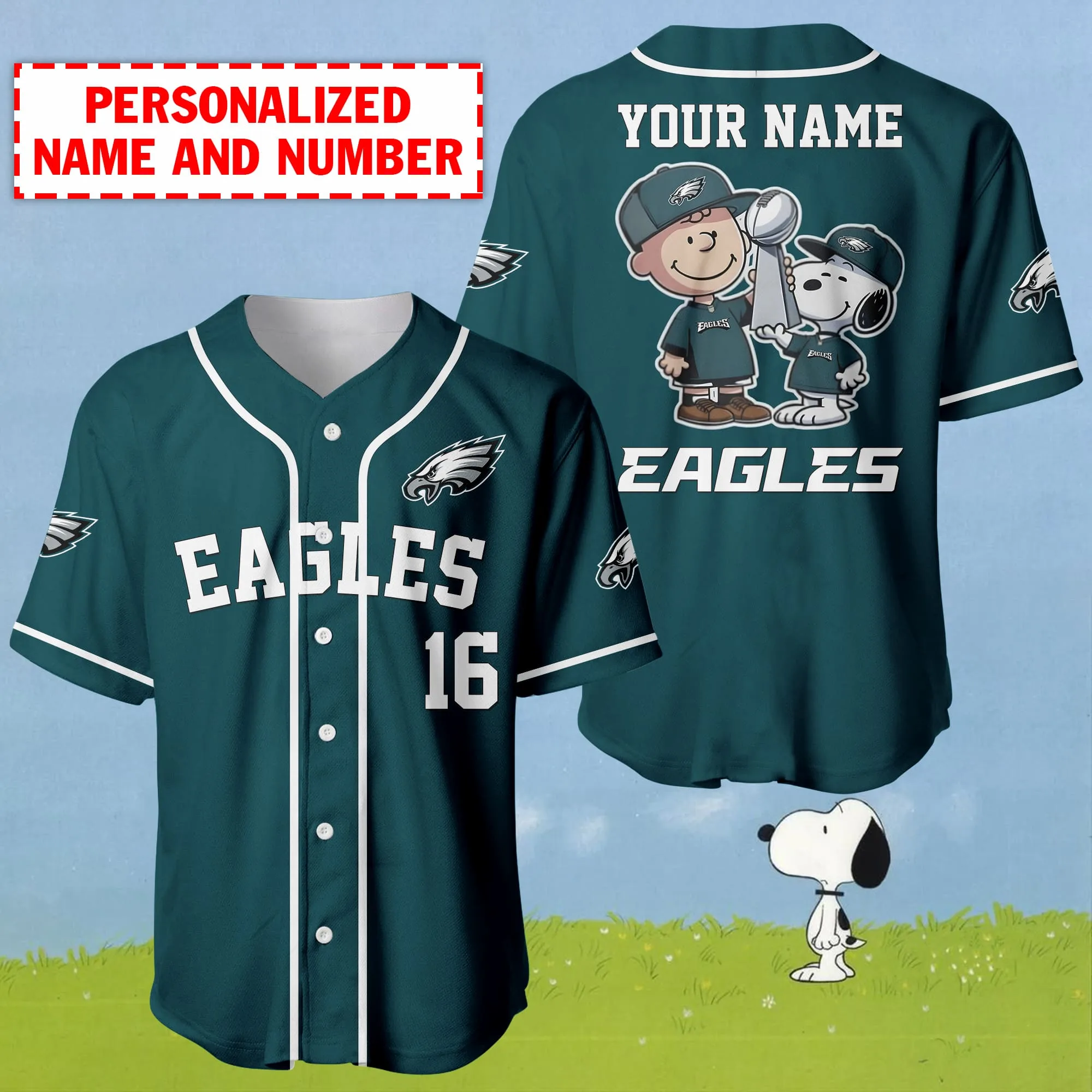 Personalized Name And Number Charlie Brown And Snoopy Philadelphia Eagles - NFL Super Bowl Champions Baseball Jersey