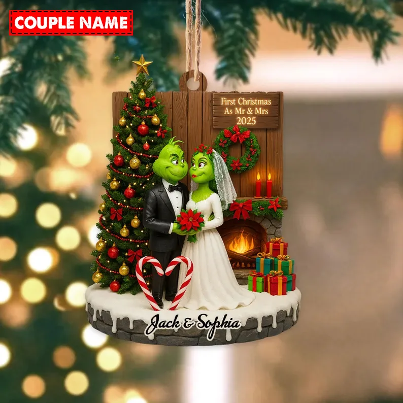 Personalized Merry Grinchmas Mr Mrs Anniversary Christmas Ornament - Image 2