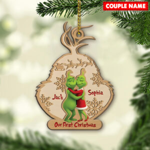 Personalized Grinch Engaged Couple Christmas Wood Ornament