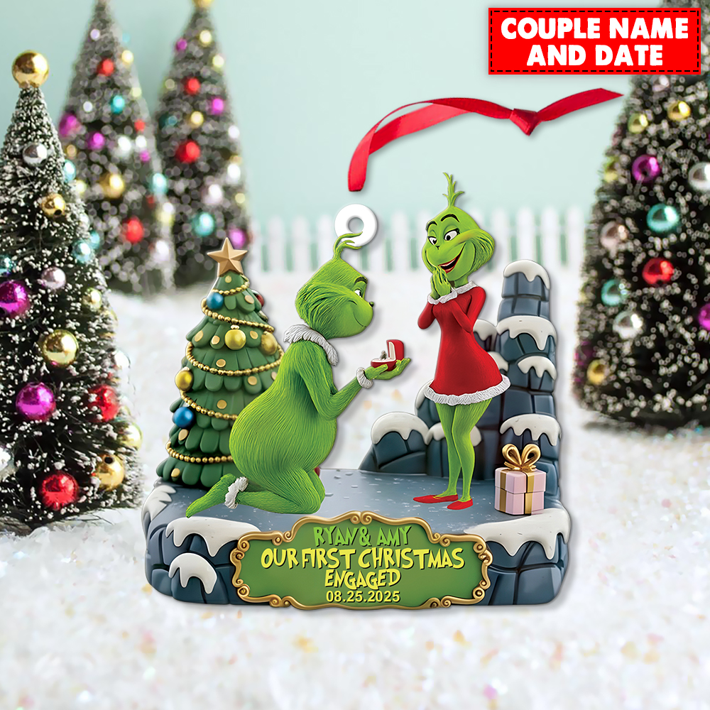 Personalized Green Monster Couple Our First Christmas Engaged Christmas Ornament - Image 3