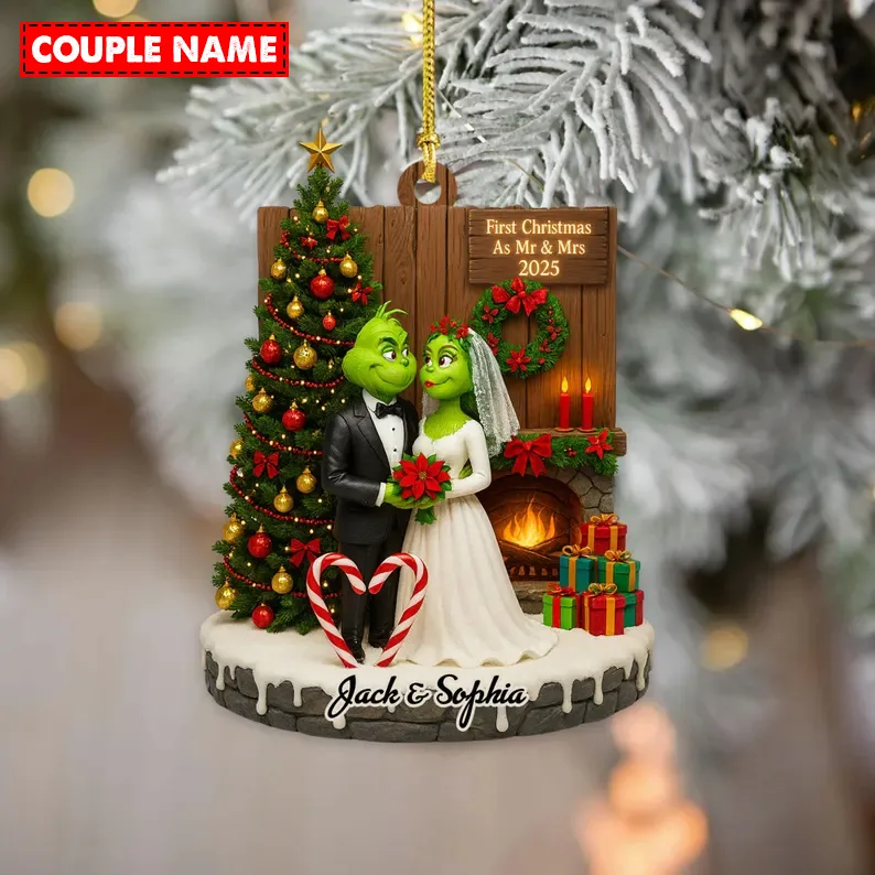 Personalized Merry Grinchmas Mr Mrs Anniversary Christmas Ornament - Image 3