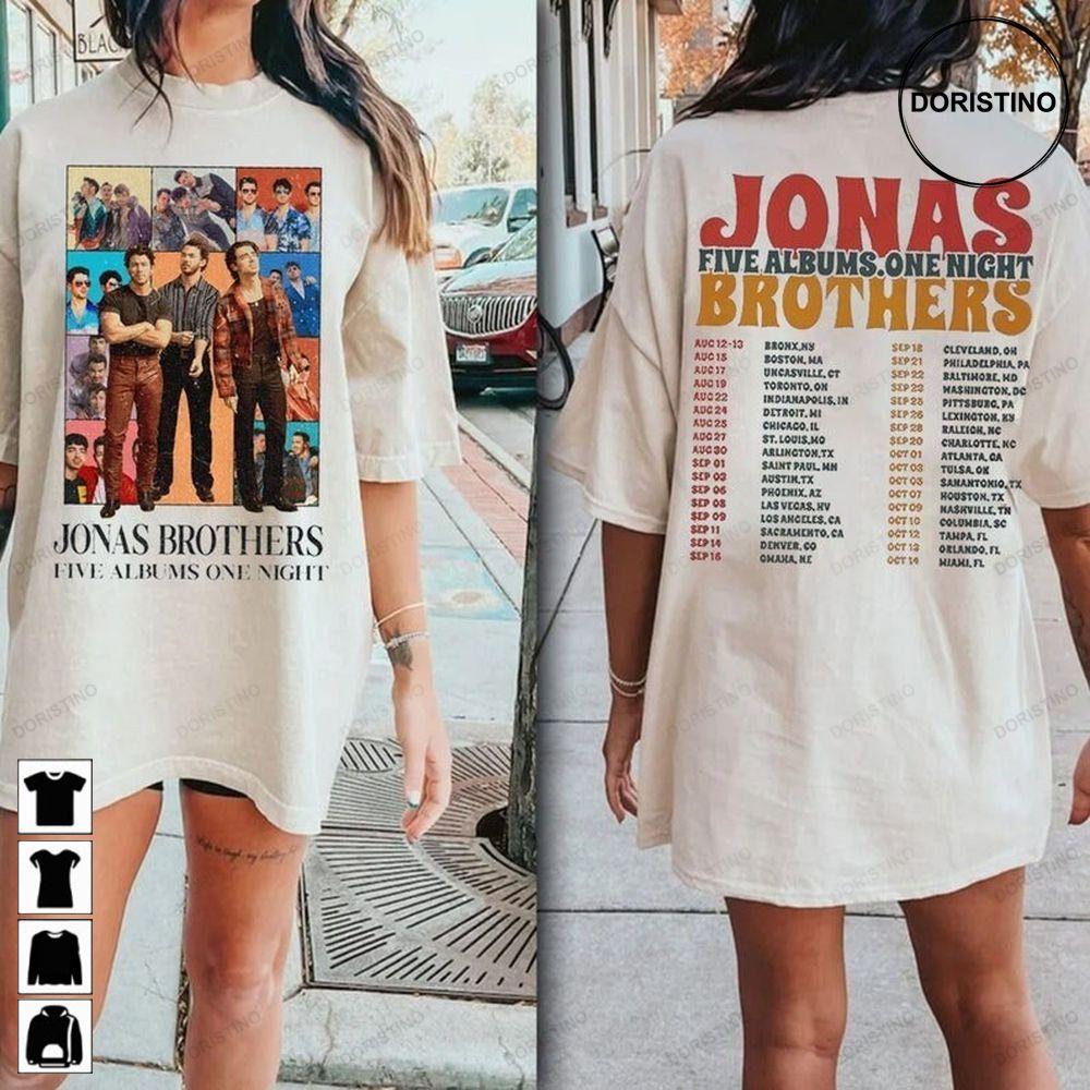Double Side Retro Jonas Brothers Five Albums One Night Double Sides Tshirt