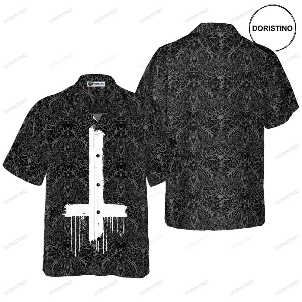 Seamless Gothic Skull Pattern Goth Inverted Cross Hawaiian Shirt