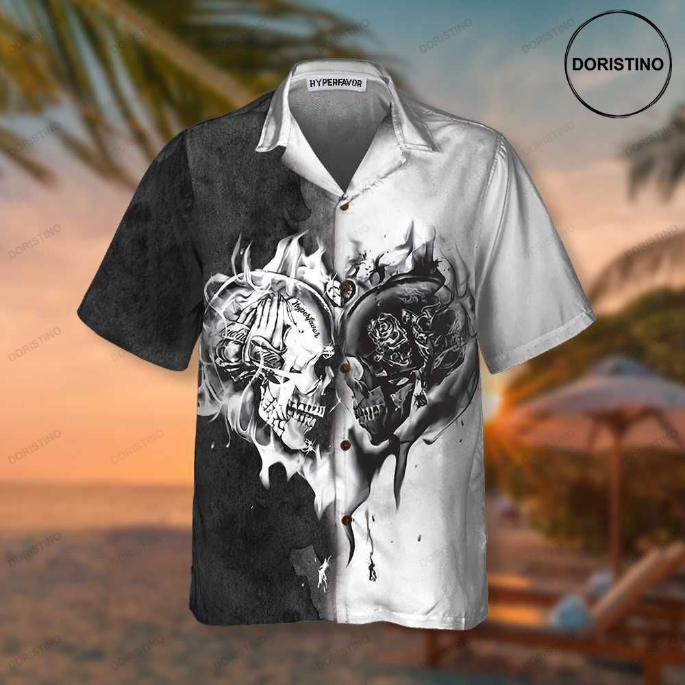 Skull Heart Flame Black And White Skull For Men And Women Awesome Hawaiian Shirt