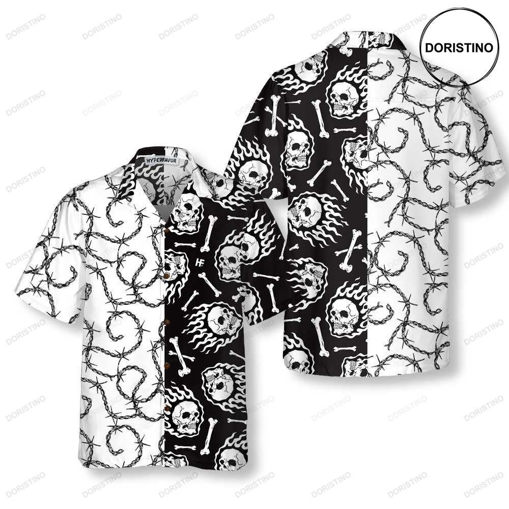 Skull On Fire With Steel Barbed Wire Skull Black And White Skull For Men And Wo Awesome Hawaiian Shirt