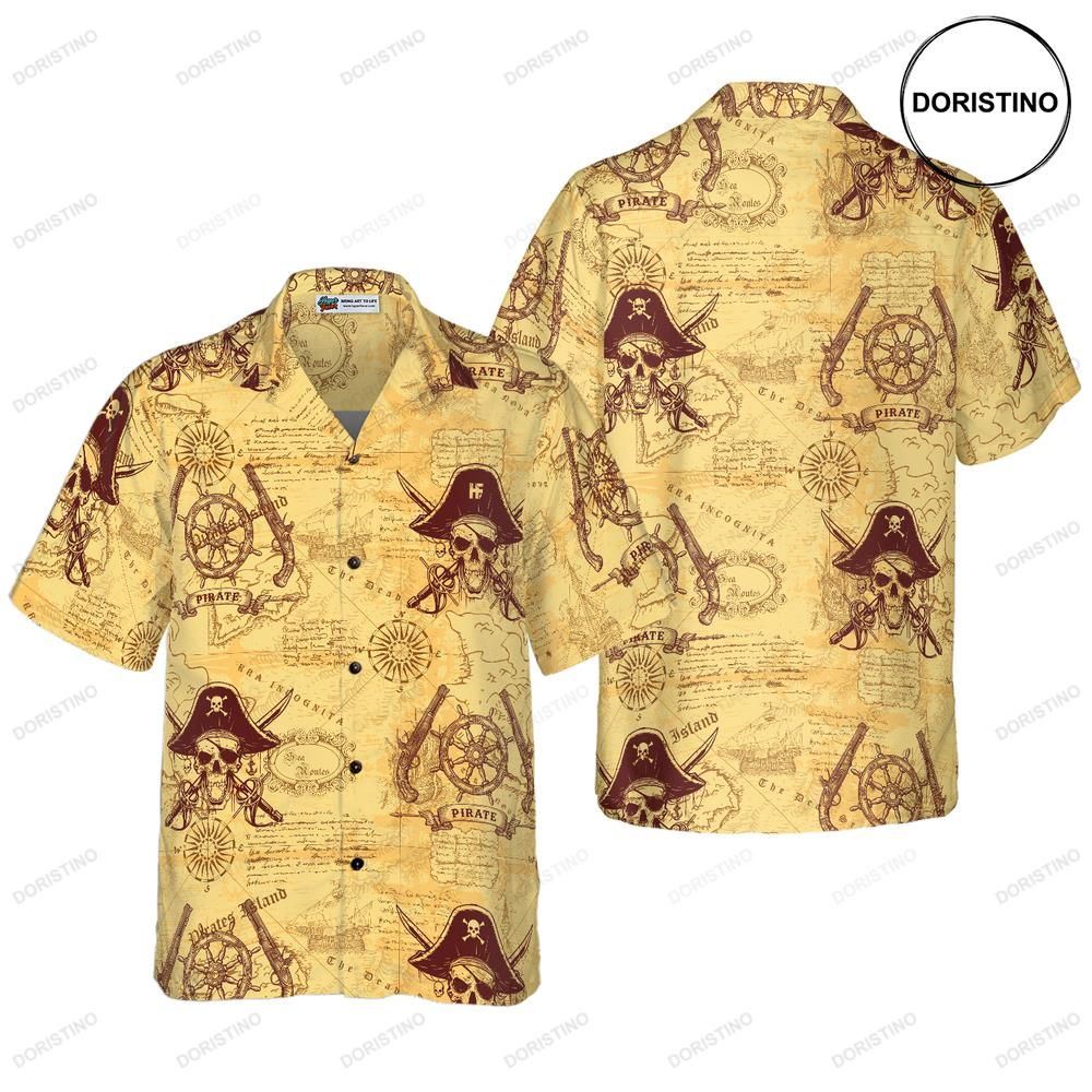 Skull Pirates Of The Ancient Sea Map Awesome Hawaiian Shirt