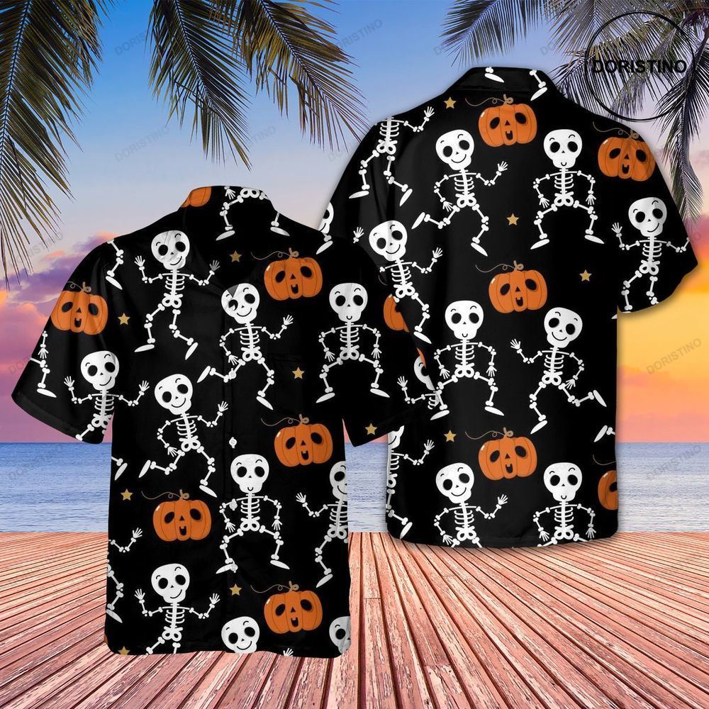 Skull Pumpkin Halloween Black Skeleton Tropical Awesome Hawaiian Shirt