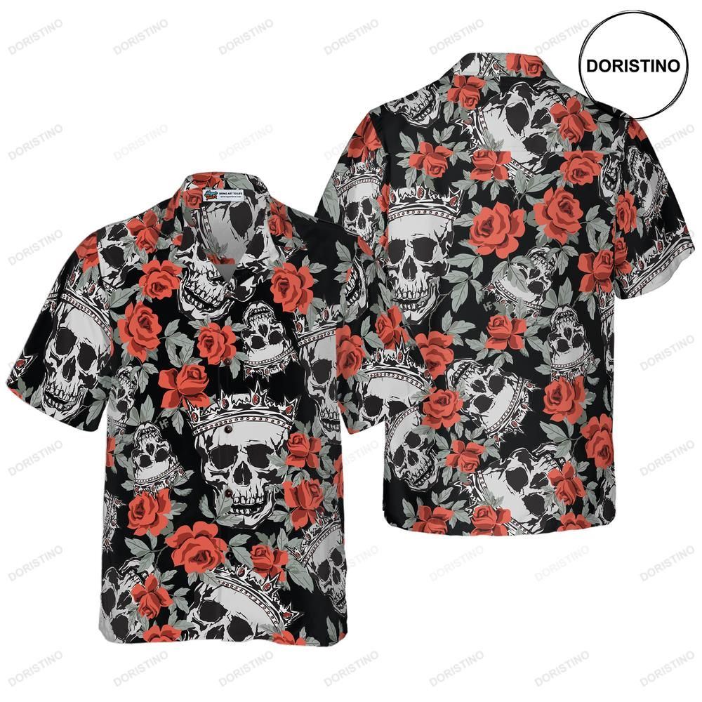 Skull With Crown And Red Rose Hawaiian Shirt