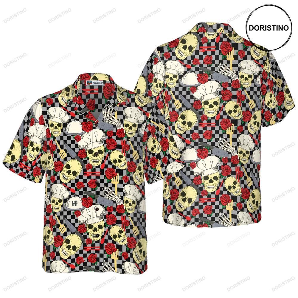 Skulls In Chef Hats And Red Roses Patterned Limited Edition Hawaiian Shirt