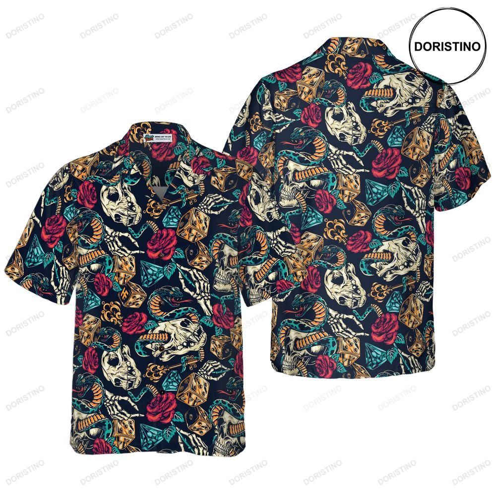 Skulls With Blue Snakes And Red Roses Limited Edition Hawaiian Shirt