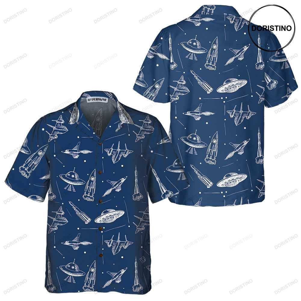 Space Aircraft Seamless Pattern Navy Aircraft Aviation For Men Hawaiian Shirt