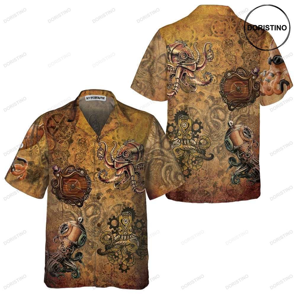 Steampunk Octopus Short Sleeve Octopus Unique Octopus Beach For Men Hawaiian Shirt