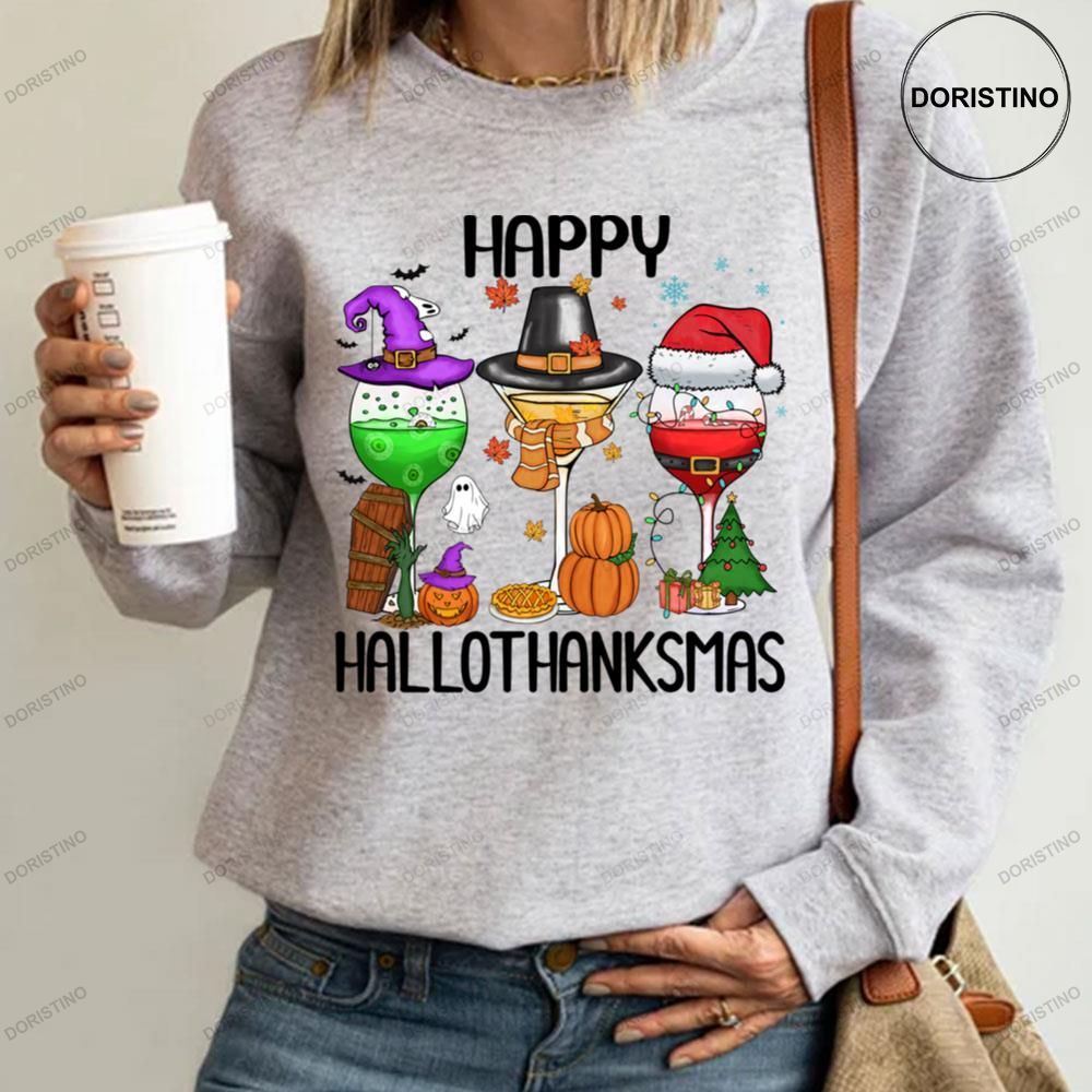 Art Scary Wine Pumpkin And Christmas Light Happy Hallothanksmas Shirts